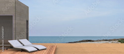 Beach lounges, sea and beautiful skies of summer vacation / sunny Sandy Ocean beach