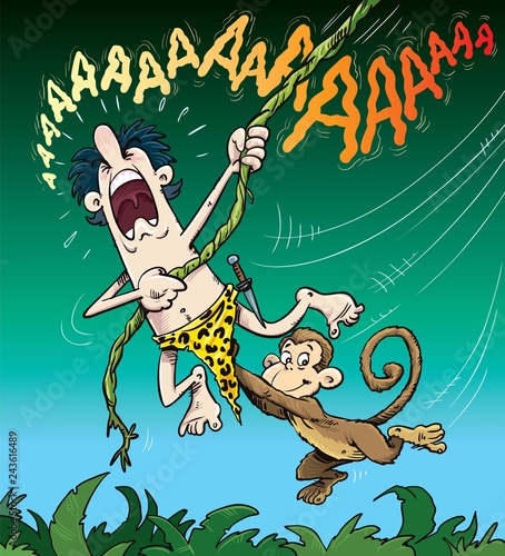 Tarzan swinging on a vine