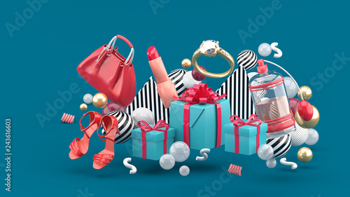 Bag, lipstick, high heels, rings, perfume and gift boxes amid colorful balls on a green background.-3d rendering.