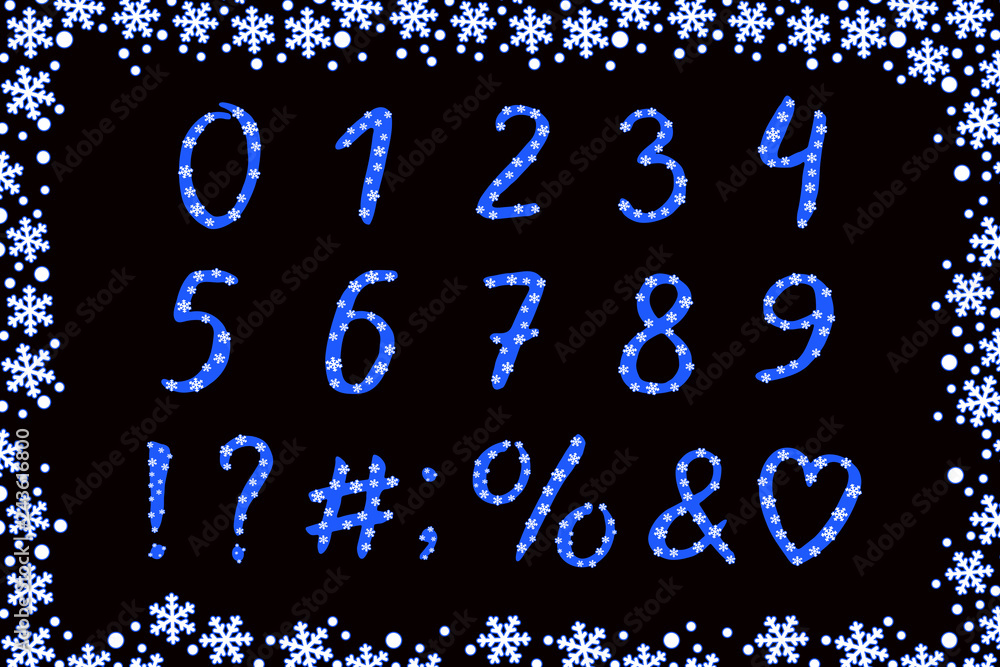 Modern Alphabet winter design with snowflakes. Vector numbers and punctuation marks
