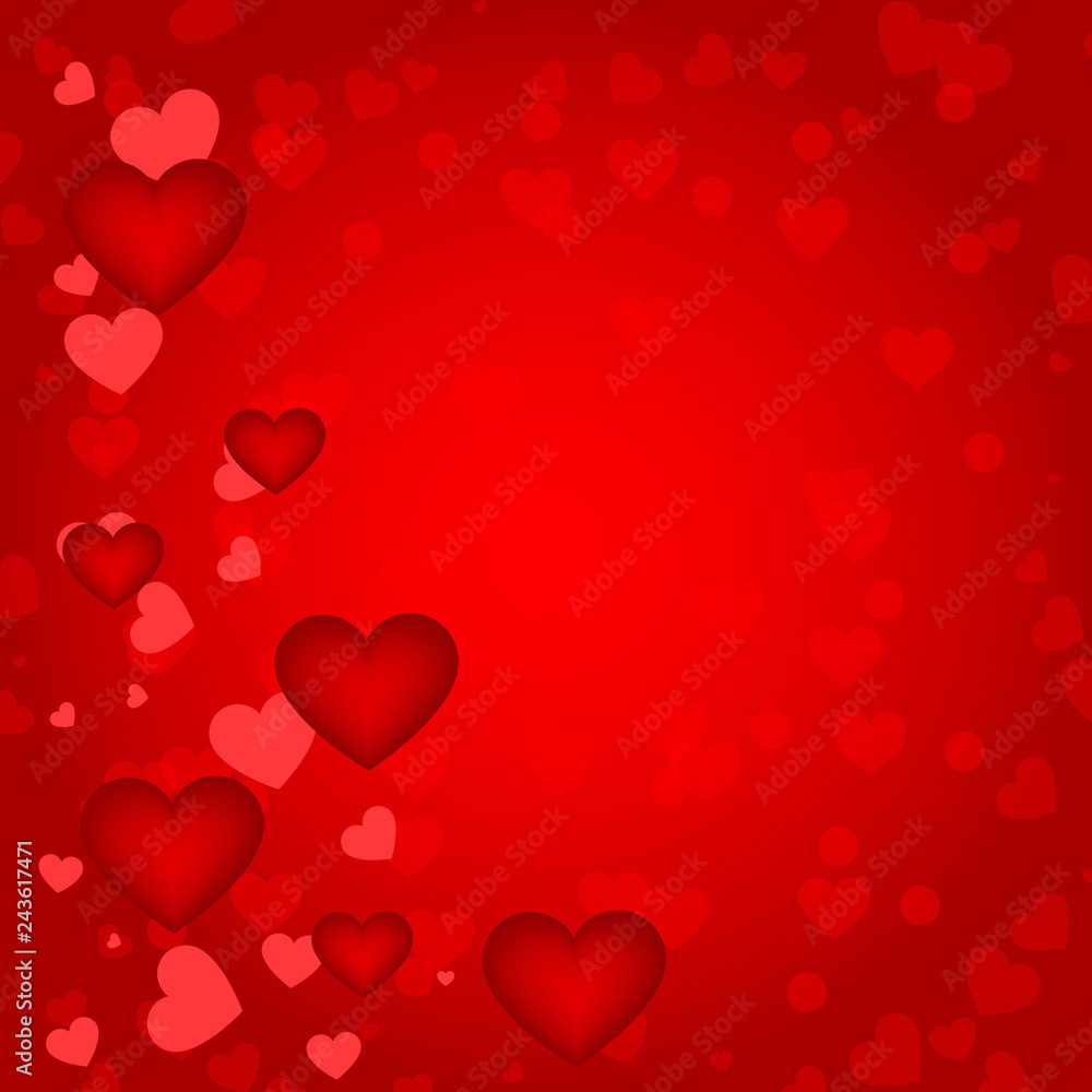 Abstract background with hearts, bokeh. Red festive vector illustration.