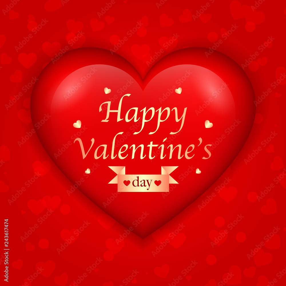 Big 3d heart with Valentine’s greeting, red bokeh hearts, vector illustration.