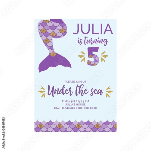 Cute birthday invitation for little mermaid Sea Party.Mermaid fifth birthday vector illustration 