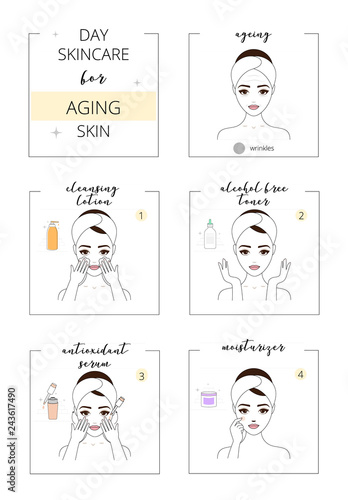 Beautiful girl with aging skin, face day care for acne skin. Line style vector illustration, isolated on white background.