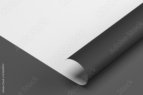 White piece of paper with a twisted edge on a black background. Mock Up. 3d rendering