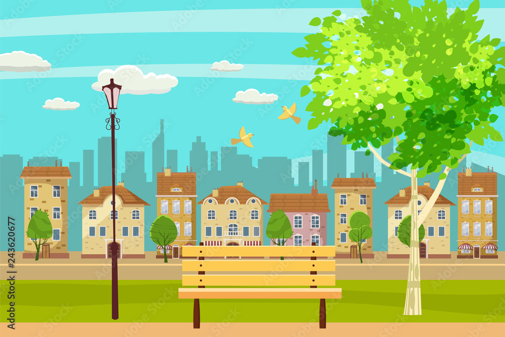 Spring landscape city park. Bench in outdoor. Birds singing. Blue sky. Bright juicy colors. Vector, illustration, isolated. Cartoon style