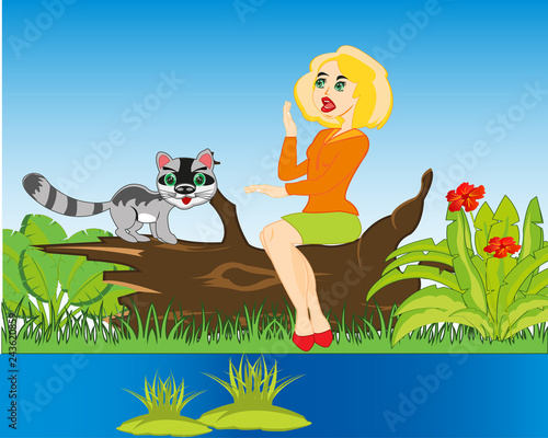 Girl with cat on nature beside yard