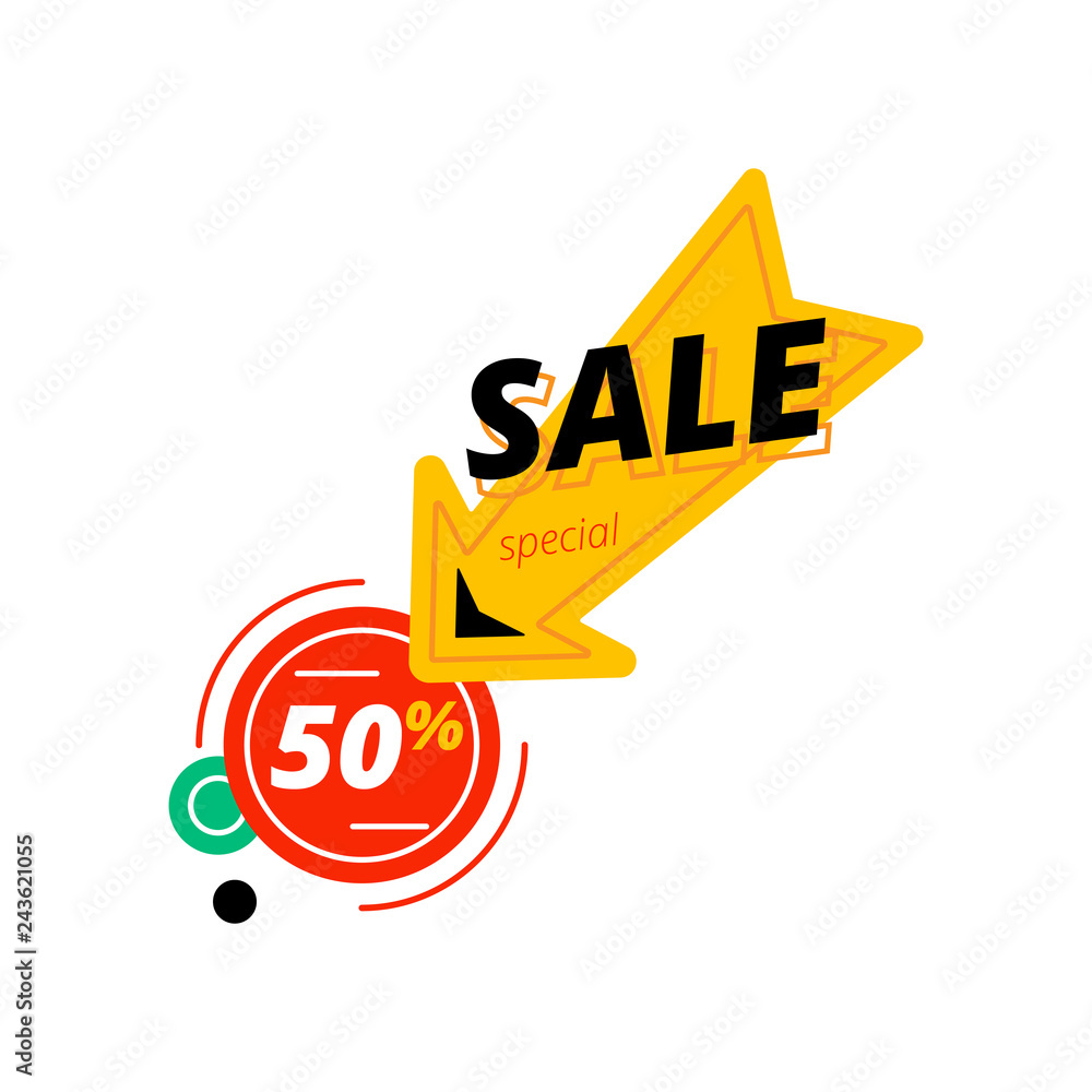 Big yellow arrow with sale inscription pointing at red circle with