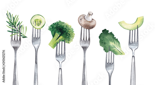 Vegetables, such as a slice of avocado, cucumber, lettuce, greens, champignon, impaled on forks. Watercolor illustration.