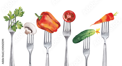  A set of healthy vegetables, such as cucumber, carrots, paprika, parsley, champignon, tomato, impaled on forks.