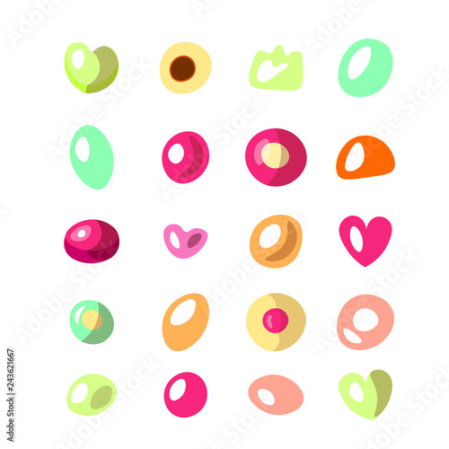Cute cartoon vector illustration of marmalade and jelly beans isolated on white background. Cute round and heart form jelly beans, marmalade collection. Set of cute jelly bean