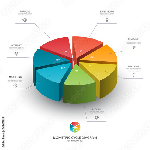 Isometric cycle diagram for infographics. Vector chart with 7 parts, options. Can be used for graph, report, presentation, brochure, web design.