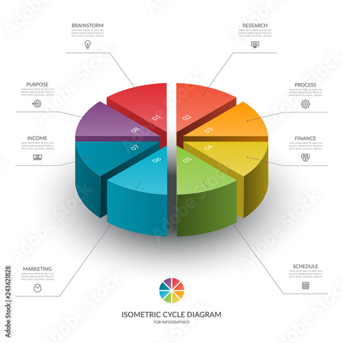 Isometric cycle diagram for infographics. Vector chart with 8 parts, options. Can be used for graph, report, presentation, brochure, web design.