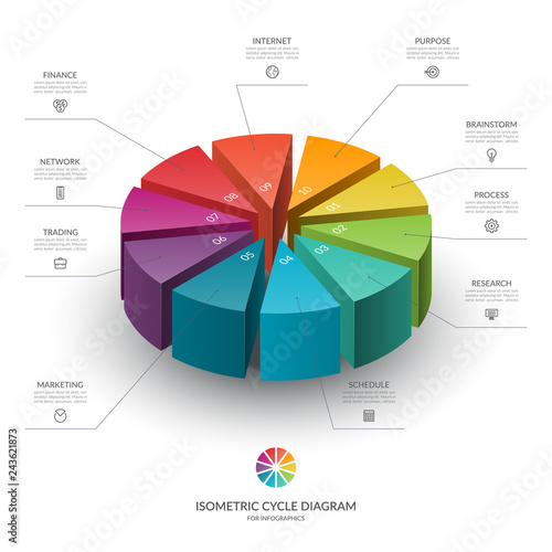 Isometric cycle diagram for infographics. Vector chart with 10 parts, options. Can be used for graph, report, presentation, brochure, web design.