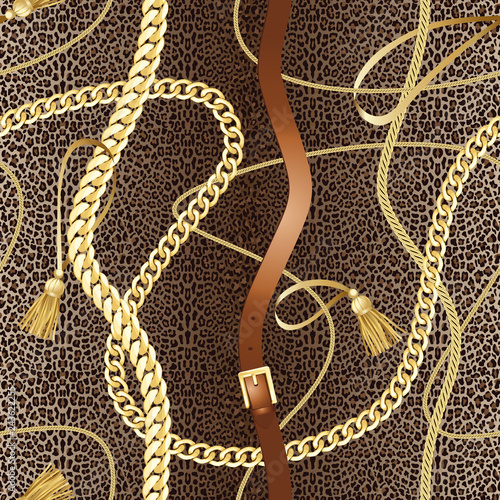 Golden Chains Seamless Pattern on Leopard Background.