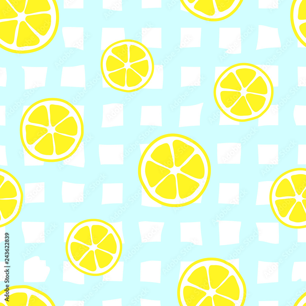 Seamless pattern with lemons on check background. Vector illustration in flat style Seamless pattern with lemons on check background. Vector illustration in flat style