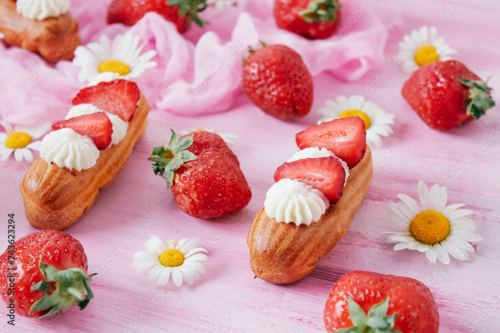 eclairs with strawberries, romantic breakfast, valentine's day eclairs with strawberries, romantic breakfast, valentine's day
