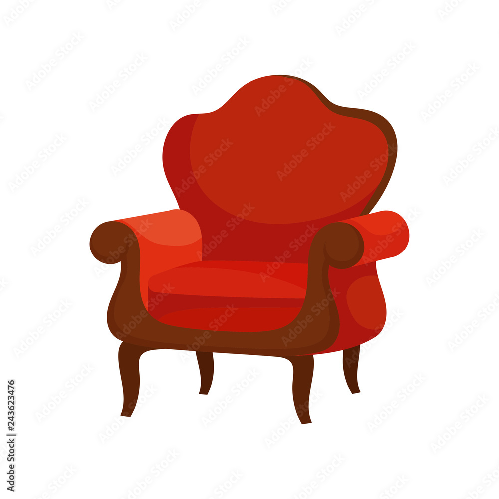 Flat vector of luxury armchair with soft red upholstery. Comfortable wooden chair. Antique furniture for lining room Flat vector of luxury armchair with soft red upholstery. Comfortable wooden chair. Antique furniture for lining room
