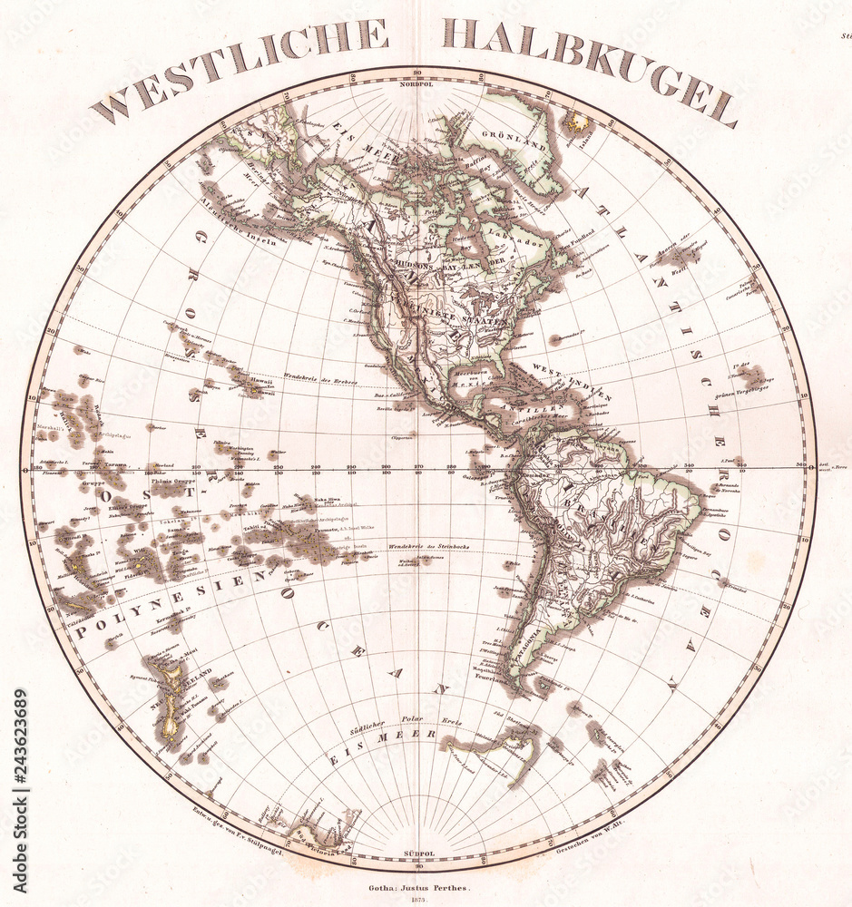 Old Map of the Western Hemisphere 1873, Stieler