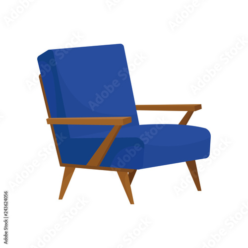 Flat vector icon of comfortable armchair with soft blue upholstery, wooden arms and legs. Furniture for living room