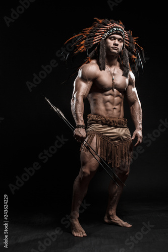 Картината върху платно American Indian Apache warrior chief  in traditional clothing and feathered headdress with weapon