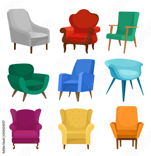 Flat vector set of armchairs. Vintage and modern chairs with soft upholstery. Comfortable furniture for living room