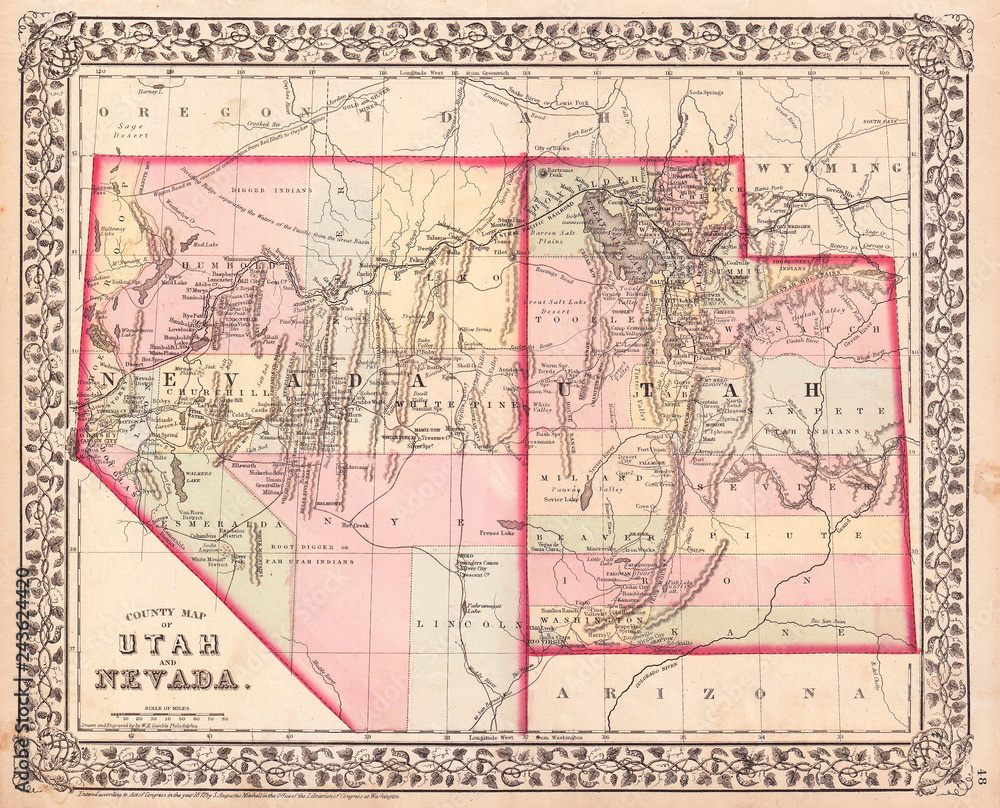 1872, Mitchell Map of Utah and Nevada