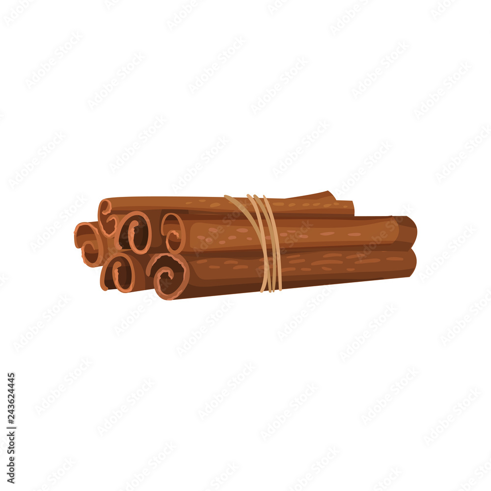 Six cinnamon sticks tied with rope. Aromatic seasoning. Fragrant spice for dishes. Detailed flat vector icon Six cinnamon sticks tied with rope. Aromatic seasoning. Fragrant spice for dishes. Detailed flat vector icon