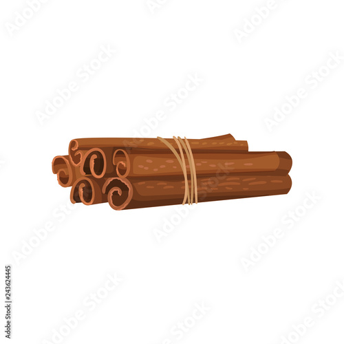 Six cinnamon sticks tied with rope. Aromatic seasoning. Fragrant spice for dishes. Detailed flat vector icon