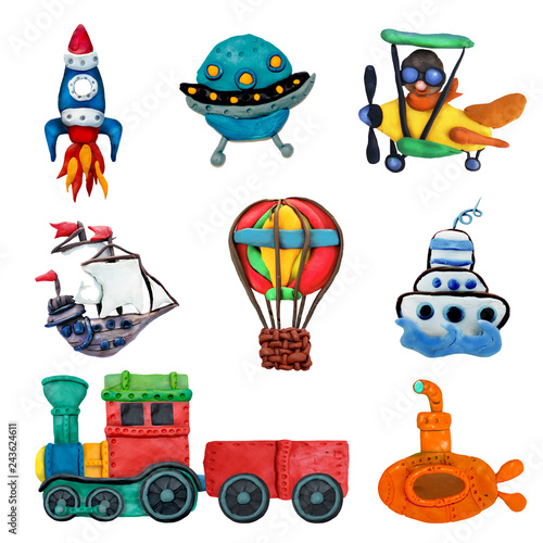 Colorful plasticine 3D transport game icons set isolated on white background