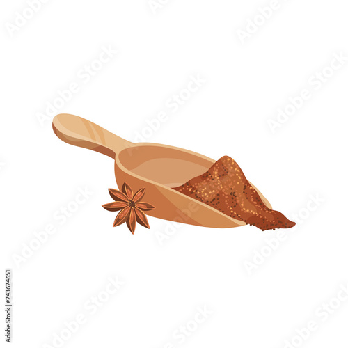 Dry anise star and wooden scoop shovel with ground cinnamon. Aromatic spice. Fragrant condiment. Flat vector design