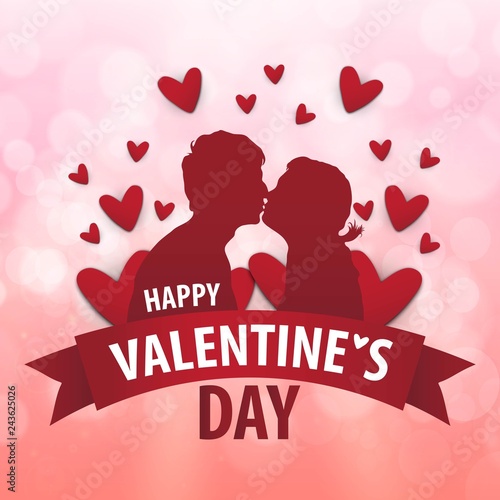 Happy Valentines Day illustration. Romantic silhouette of loving couple and hearts on pink blured background