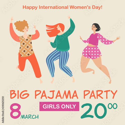 Vector illustration for invitation card or banner for pajama party with three funny girls