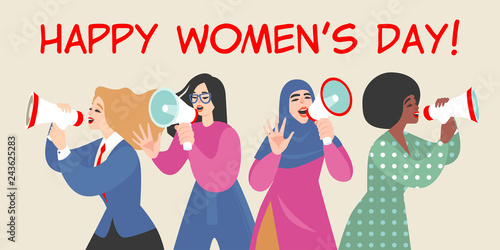 Vector illustration of  cartoon style girls talking by megaphone and congratulating on international women's day