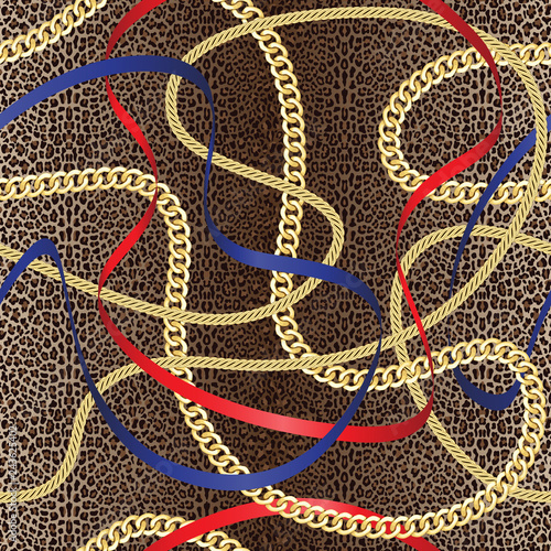 Golden Chains Seamless Pattern on Leopard Background.