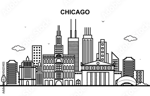 Chicago City Tour Cityscape Skyline Line Outline Illustration