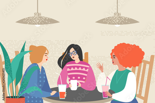 Vector illustration with three cute girls siting in a cafe