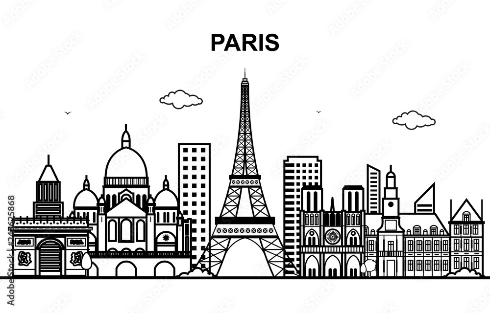 Naklejka premium Paris City Tour Cityscape Skyline Line Outline Illustration