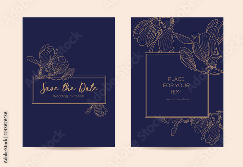 Elegant wedding invitation  with magnolia flowers. Golden graphic flowers on a dark blue background. Vector template for design of invitations, restaurant menu or spa.