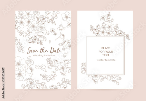 Elegant wedding invitation with blooming cherry branches. Golden graphic flowers on a white background. Vector template for design of invitations, restaurant menu or spa.