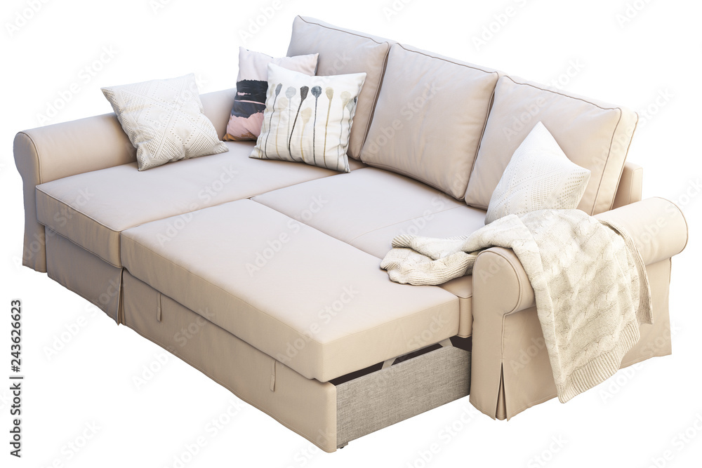 Modern beige fabric sofa with colored pillows. 3d render