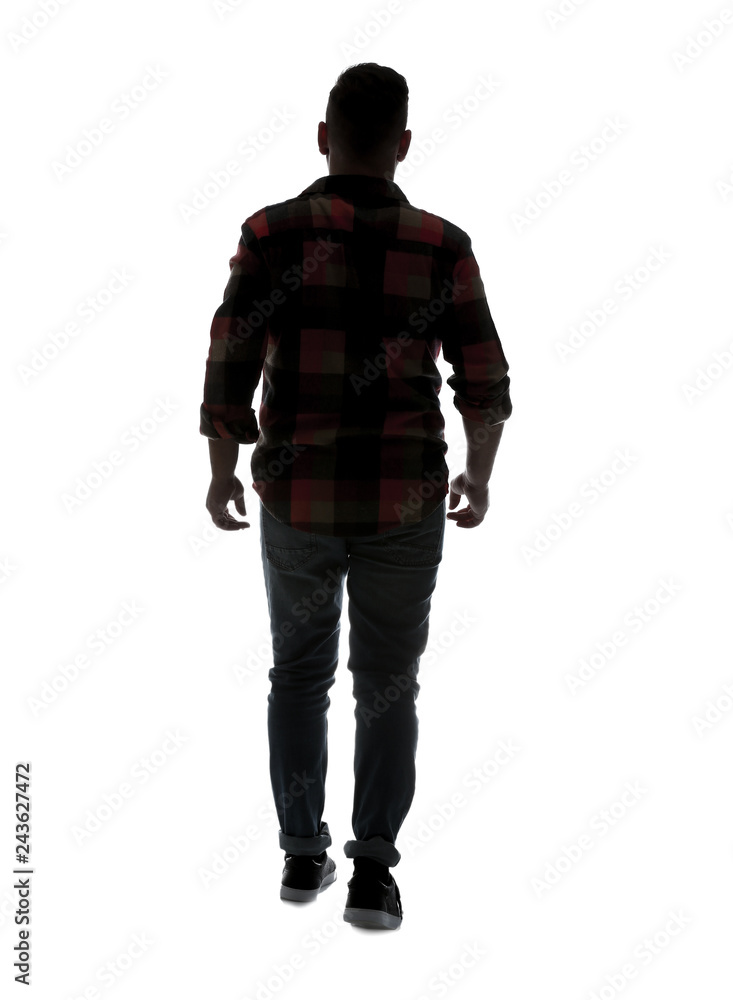 Silhouette of man on white background, back view Silhouette of man on white background, back view