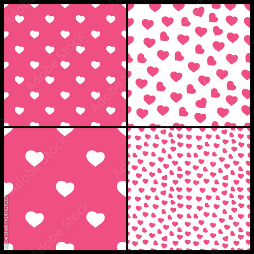 Set of Four Abstract Seamless White, Purple and Pink Heart Patterns - Valentine's Day Card or Background Vector Design 