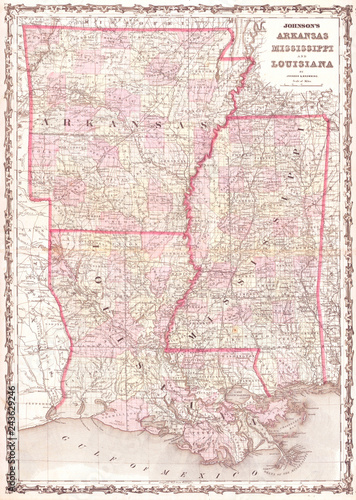 1861, Johnson Map of Mississippi, Louisiana and Arkansas © PicturePast
