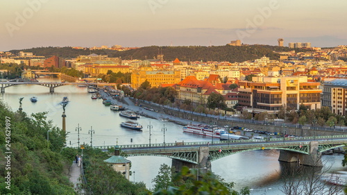 Aerial sunset view of the Vltava River and bridges evening timelapse, Prague