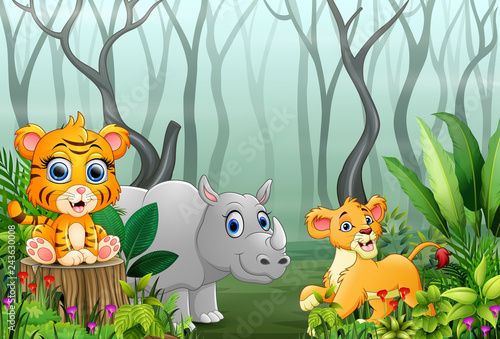 Animals cartoon with a view of the forest in the fog