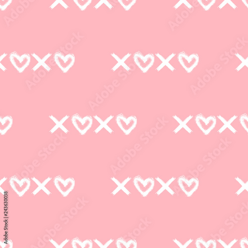 Seamless pattern with “Xoxo" text with hearts isolated on pink background. Vector ink brush sketch. Hand drawn graphic elements.