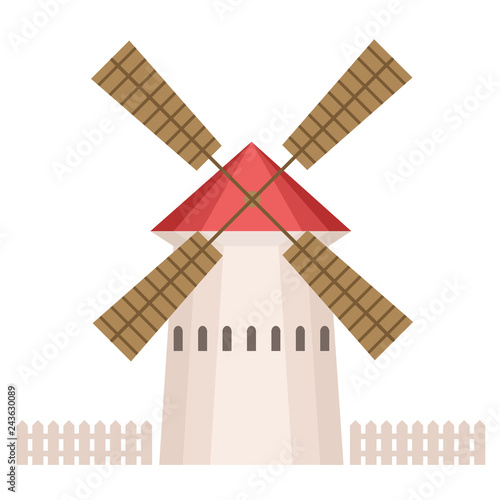 Traditional rural windmill building, ecological agricultural manufacturing, design element of urban or rural landscape vector Illustration