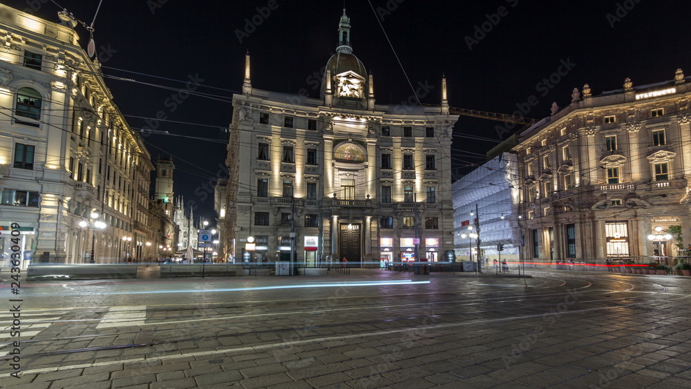 Piazza Cordusio is an important commercial square in the city night timelapse hyperlapse