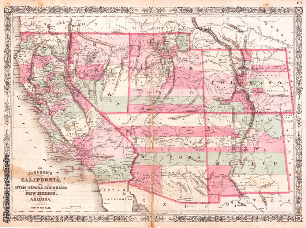 1864, Johnson Map of California, Nevada, Utah, Arizona, New Mexico and Colorado